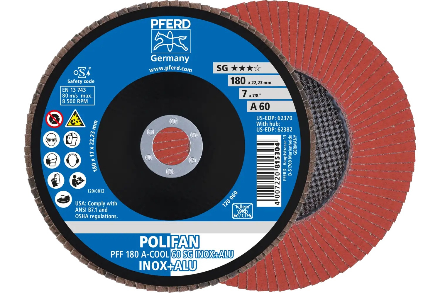Picture of Pferd Flap Disc, 7" x 7/8, A-Cool SG Inox+ALU, 60 Grit, T27, Flat, Aluminum oxide